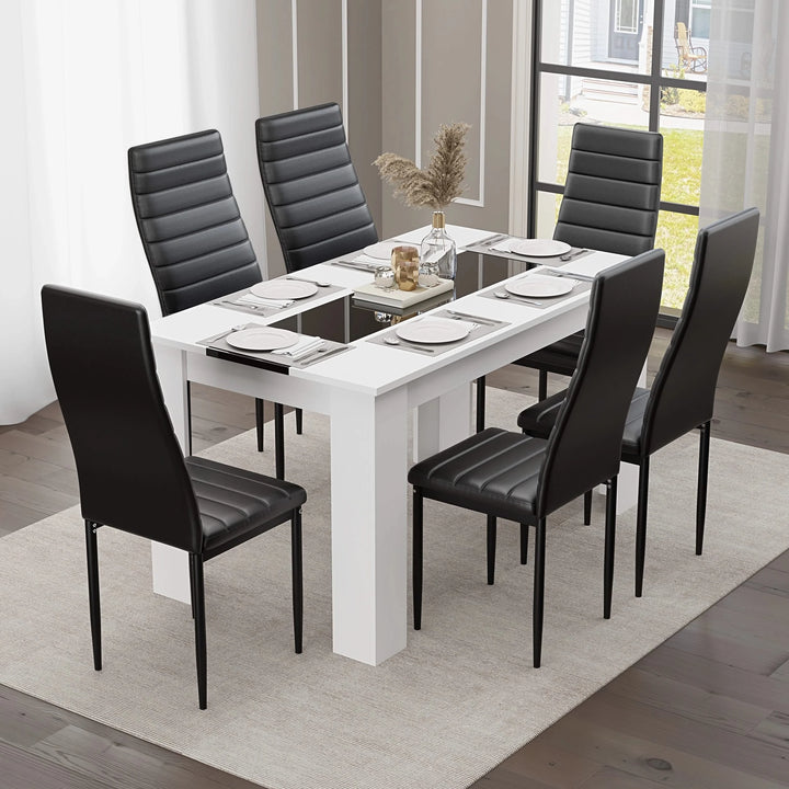 [6 Seater | Black] six black PU dining chairs around the white gloss dining set with central black inlay panel