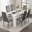 minimalist dining tables and 6 chairs set featuring white gloss table with black strip and grey chairs