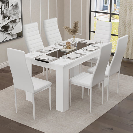 modern 6 chairs and dining table set with white gloss finish and black centre stripe, white chairs included