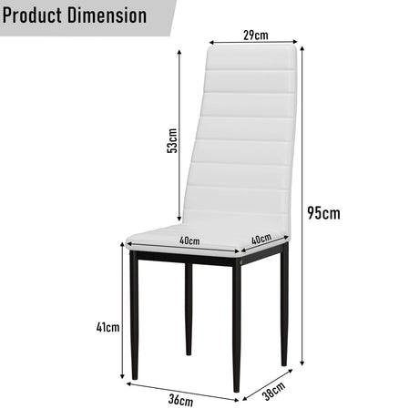 [4 Seater | White] dining chair measurements diagram in white PU: 95cm tall, 53cm back, 41cm seat, 36cm base