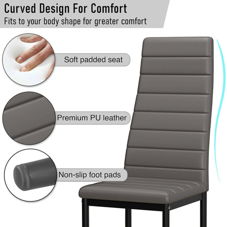 [4 Seater | Grey] feature callouts on the grey PU chair: soft padded seat, premium PU leather, non-slip foot pads