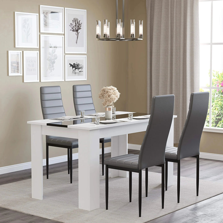 [4 Seater | Grey] framed-print dining room with four grey PU chairs around the 4 seater white gloss dining set