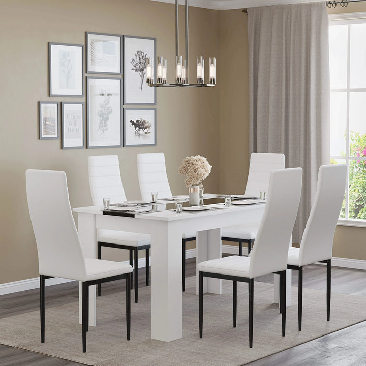 [6 Seater | White] white gloss dining set with central black inlay and six white ribbed-back chairs paired three a side