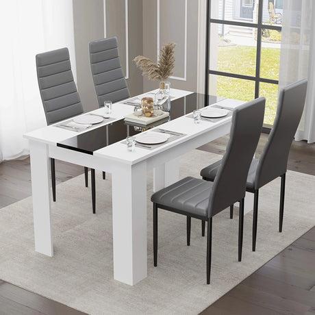 [4 Seater | Grey] lifestyle scene of four grey PU dining chairs around the 4 seater white gloss dining set