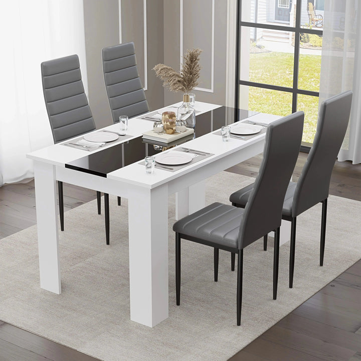 [4 Seater | Grey] lifestyle scene of four grey PU dining chairs around the 4 seater white gloss dining set