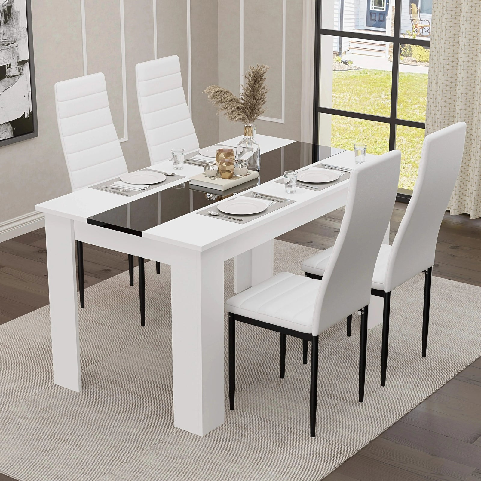 [4 Seater | White] lifestyle scene of four white PU dining chairs around the 4 seater white gloss dining set