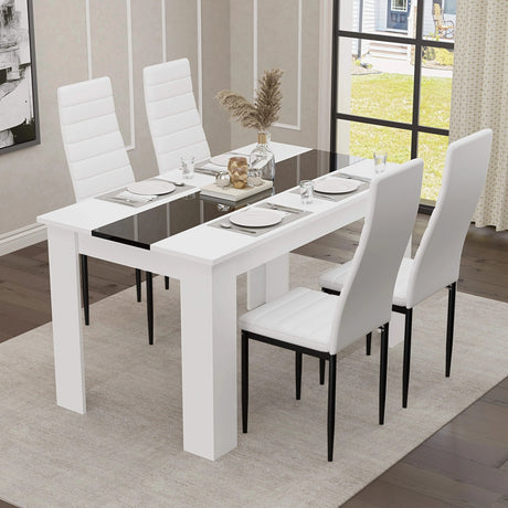 [4 Seater | White] lifestyle scene of four white PU dining chairs around the 4 seater white gloss dining set
