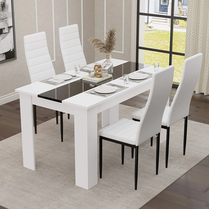 [4 Seater | White] lifestyle scene of four white PU dining chairs around the 4 seater white gloss dining set