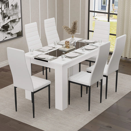 [6 Seater | White] lifestyle scene of six white PU dining chairs around the white gloss 140cm dining set with black inlay