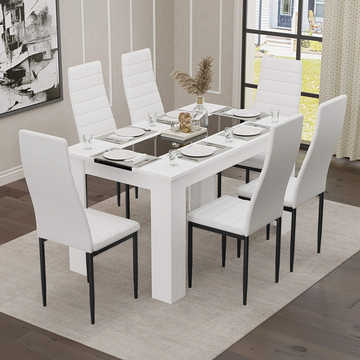 [6 Seater | White] lifestyle scene of six white PU dining chairs around the white gloss 140cm dining set with black inlay
