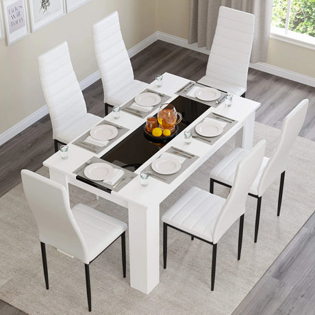 [6 Seater | White] tilted-overhead shot of the dining set: white gloss table, black inlay, six white ribbed chairs