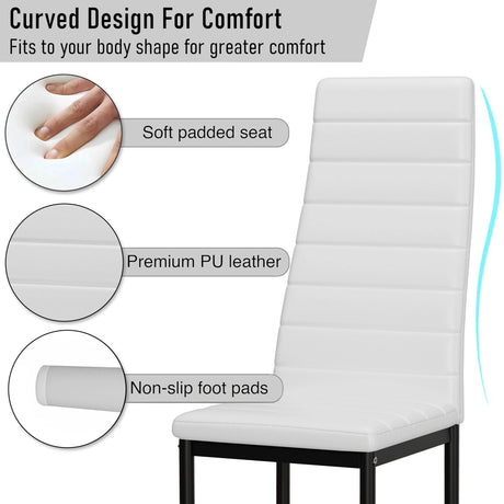 [6 Seater | White] three close-up callouts on white ribbed dining chair: padded seat, PU upholstery, foot pads