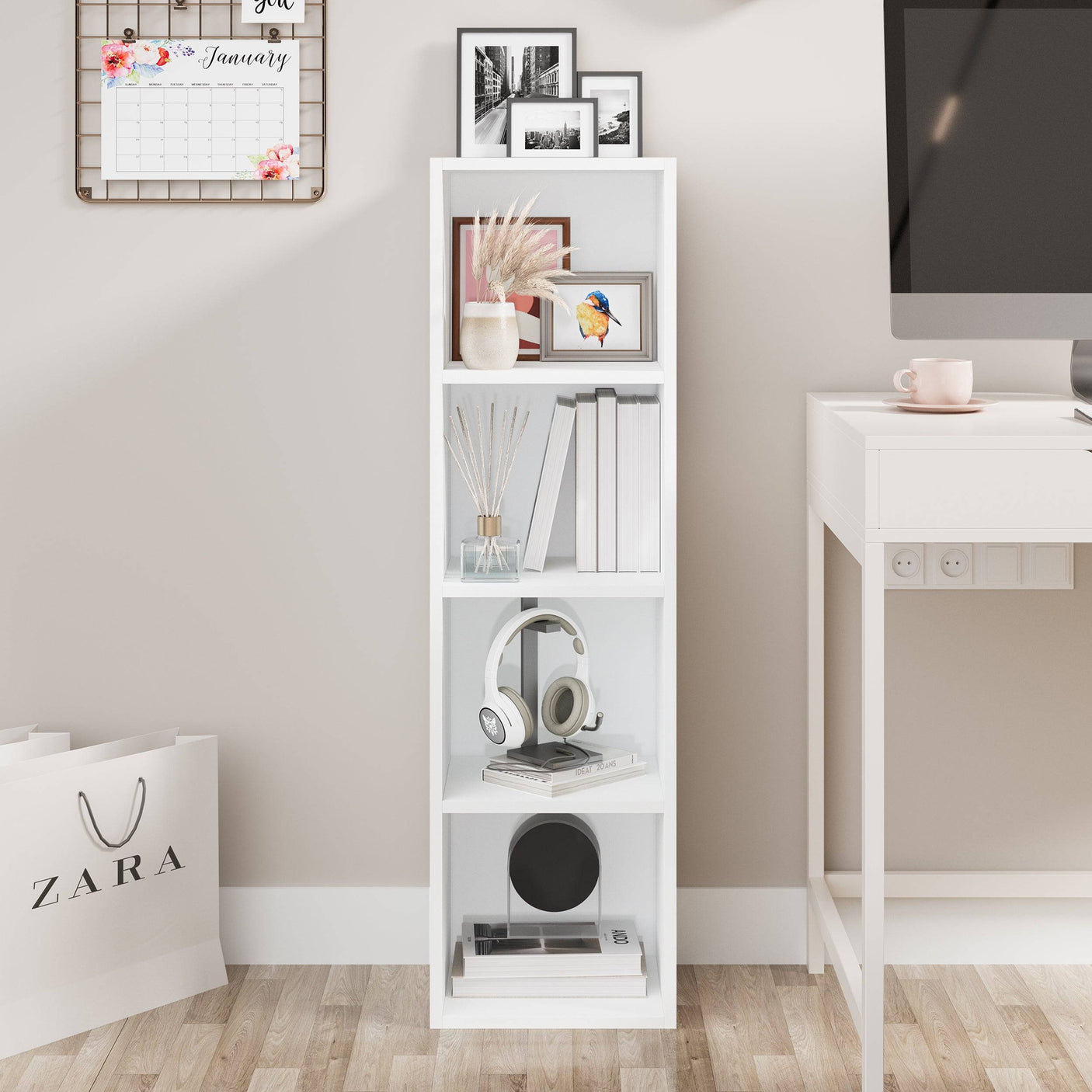 White narrow 4 Tier Bookcase Cube Storage Unit beside a desk. Compact shelving unit perfect for small spaces and home office organization.