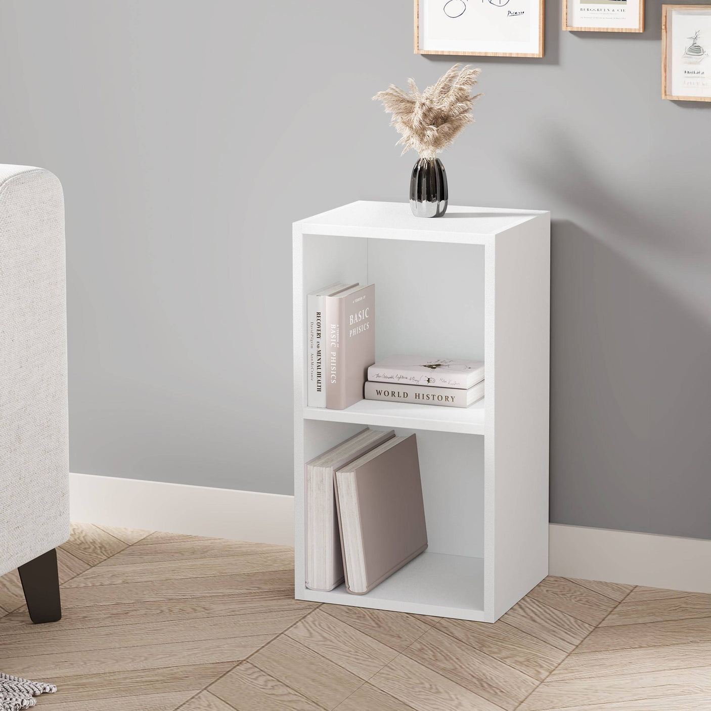 White Blisswood small bookcase with 2 shelves, perfect for living room or study storage and decor.