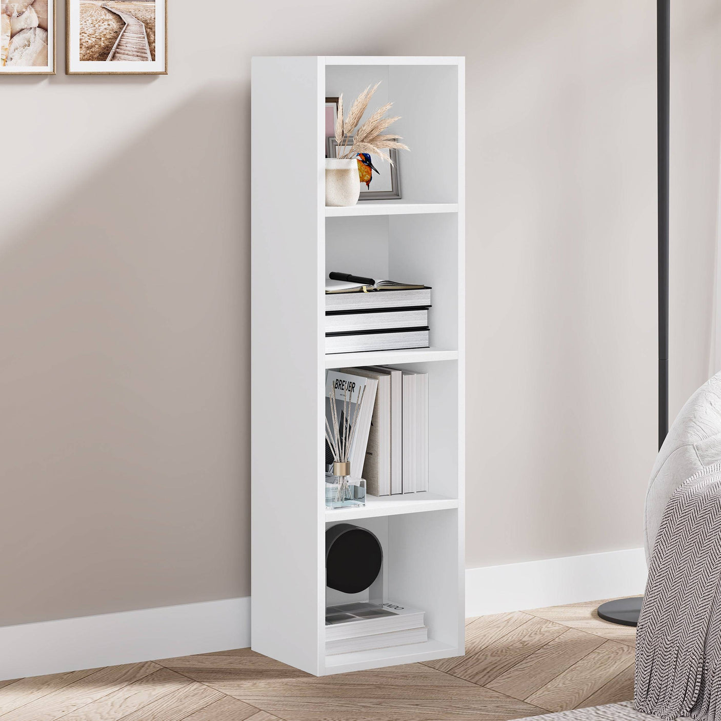 Side view of white 4 Tier Bookcase Cube Storage Unit Book Shelf. Sleek and space-saving design for modern interiors.