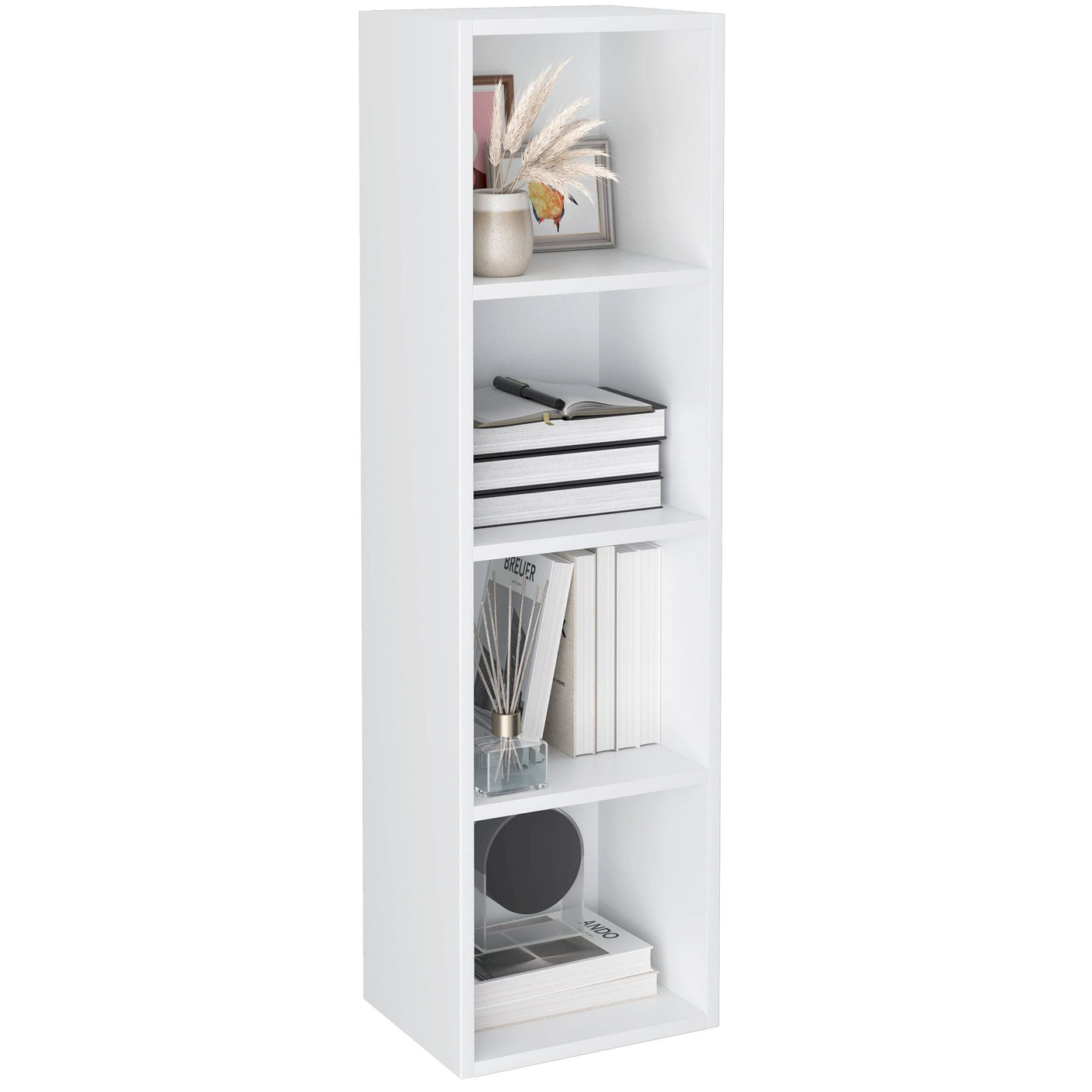 Angled view of white 4 Tier Bookcase Cube Storage Unit with books and decor. Stylish narrow shelving unit for home or office.