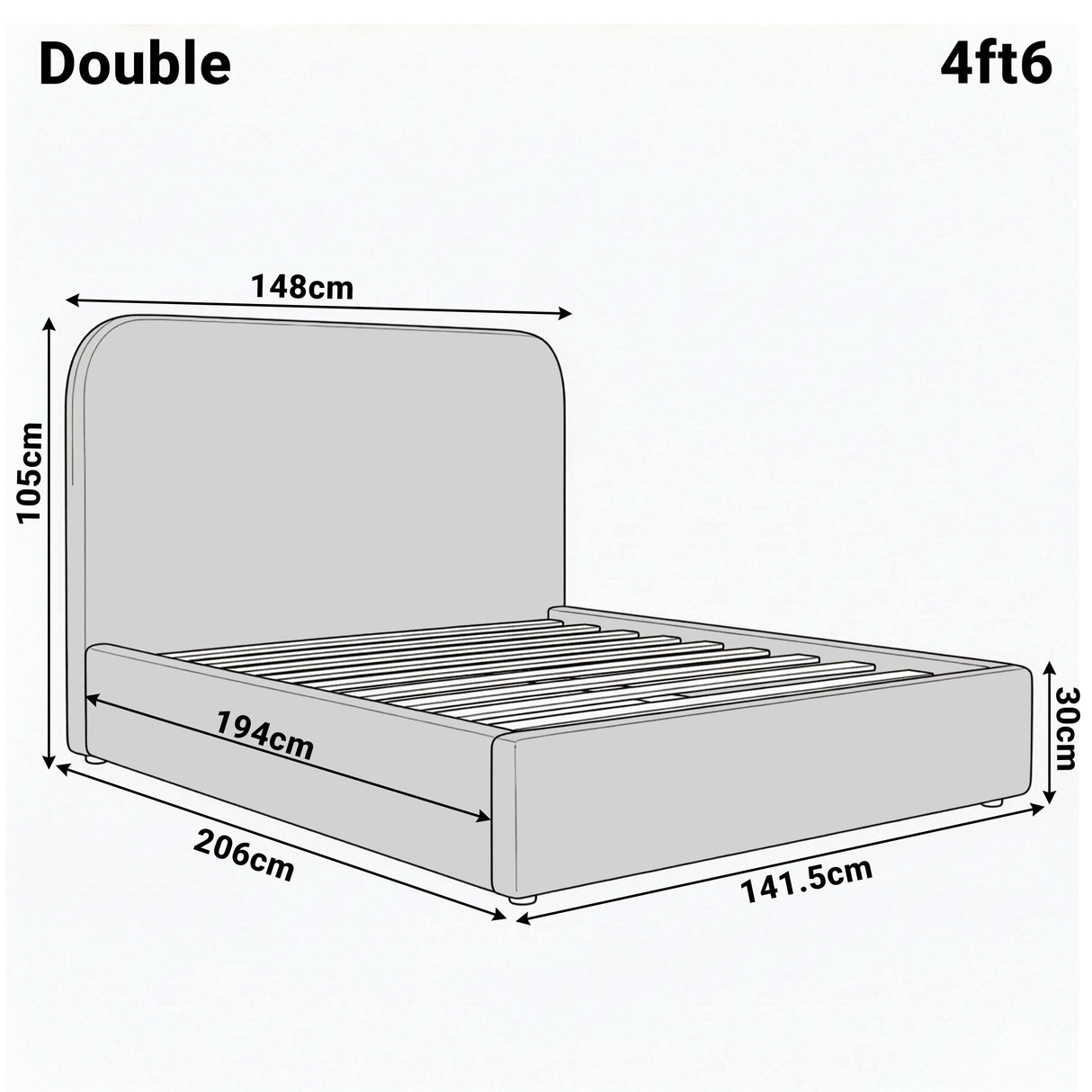 Double boucle ottoman white bed frame dimension diagram displaying height 105 cm, width 148 cm, and length 206 cm