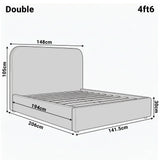 Double boucle ottoman white bed frame dimension diagram displaying height 105 cm, width 148 cm, and length 206 cm