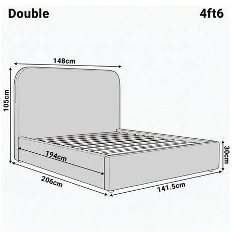 Double boucle ottoman white bed frame dimension diagram displaying height 105 cm, width 148 cm, and length 206 cm