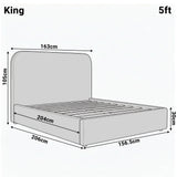 King boucle ottoman white bed frame diagram revealing height 105 cm, width 163 cm, and length 206 cm