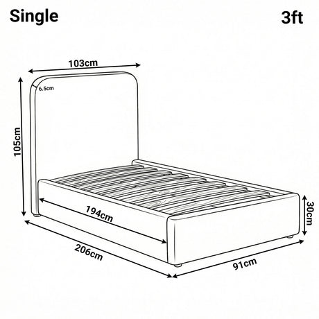 Single boucle ottoman white bed frame diagram displaying height 105 cm, width 103 cm and length 206 cm