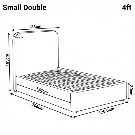 Small double boucle ottoman white bed frame diagram displaying height 105 cm, width 133 cm, and length 206 cm
