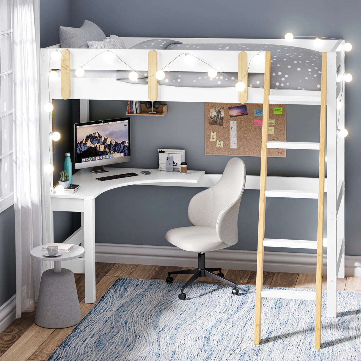 White bunk bed with desk placed in the corner of a modern room with a convininet desk underneath