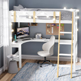 White bunk bed with desk placed in the corner of a modern room with a convininet desk underneath