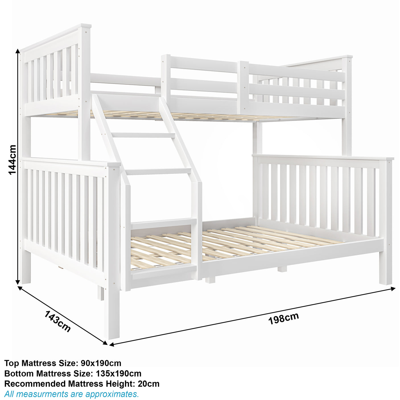 White triple bunk bed dimensions with top and bottom mattress sizes labeled, ideal for kids' bedrooms with limited space.