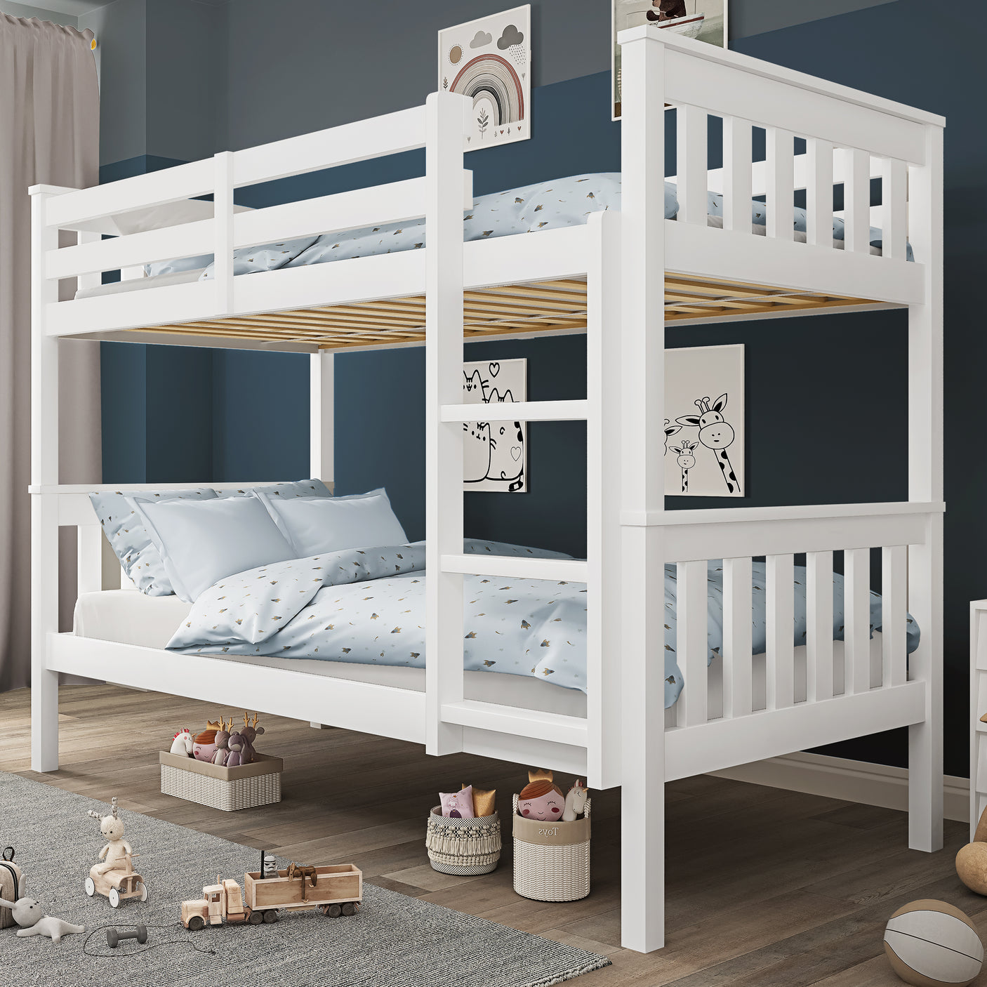 White detachable double bunk bed for kids with safety rails and ladder, ideal for shared children's bedrooms. Converts into two single beds.