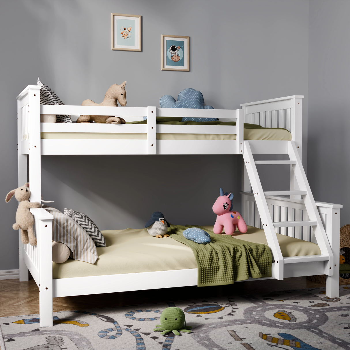 White bunk bed with toys in a child's room