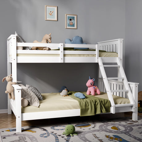 White bunk bed with toys in a child's room