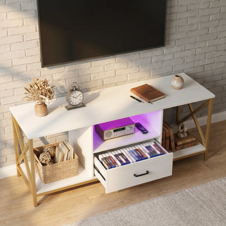 [White] Calvera TV unit overhead angle with drawer fully open revealing media storage and purple LED shelf lighting