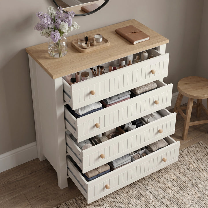 [White] Linra White Painted 3 Piece Bedroom Furniture Set - Oak Top high-angle look with all four chest drawers pulled out.