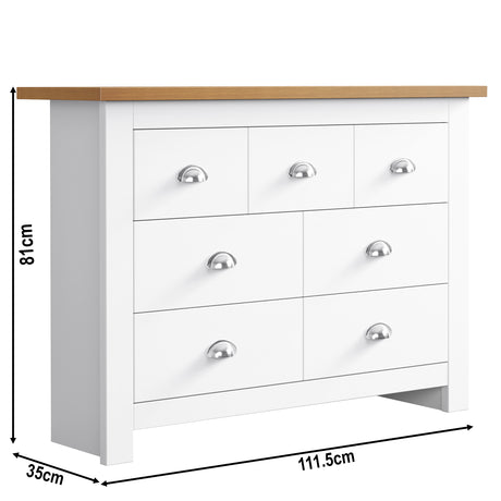 White chest of drawers dimensions 81cm x 35cm x 111.5cm, offering ample storage and modern style.
