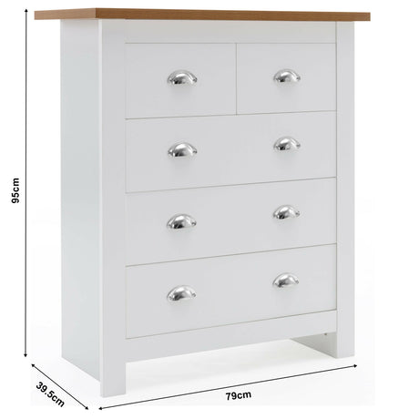 White chest of drawers with 5 spacious drawers, chrome handles, wooden top, 79cm x 95cm x 39.5cm