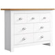 White chest of drawers with oak top and handles, blending modern design with practical storage.