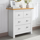 White chest of drawers with oak top and silver handles, modern storage solution.