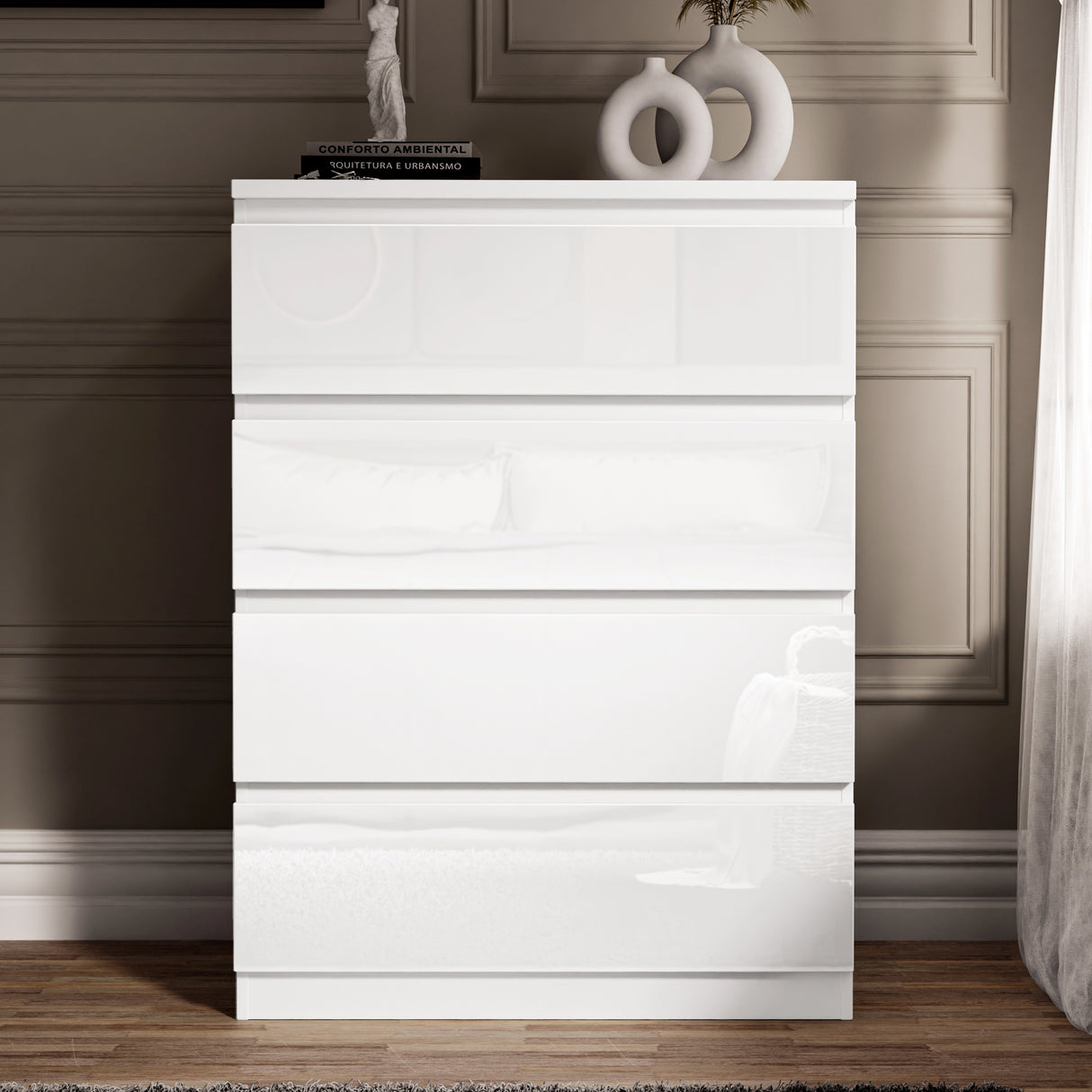 Front view of High Gloss 4 Drawer Chester Drawers in white, showcasing sleek, minimalist bedroom furniture style.