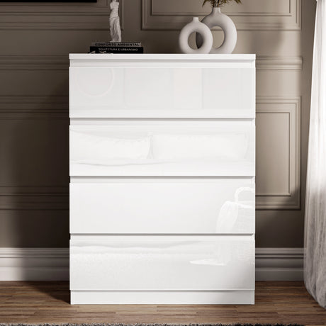 Front view of High Gloss 4 Drawer Chester Drawers in white, showcasing sleek, minimalist bedroom furniture style.