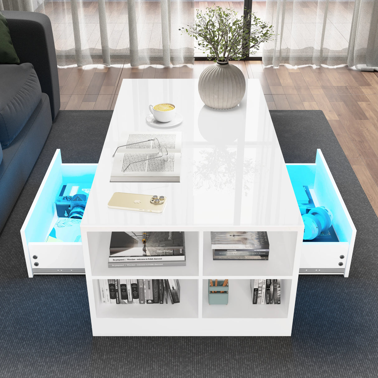 Led Coffee Table with Storage Drawers in high gloss white finish featuring open shelves and blue LED lighting, perfect for modern living rooms.