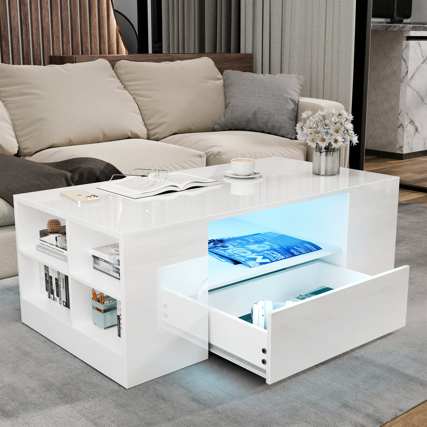 High Gloss Coffee Table With Storage & LED Lights