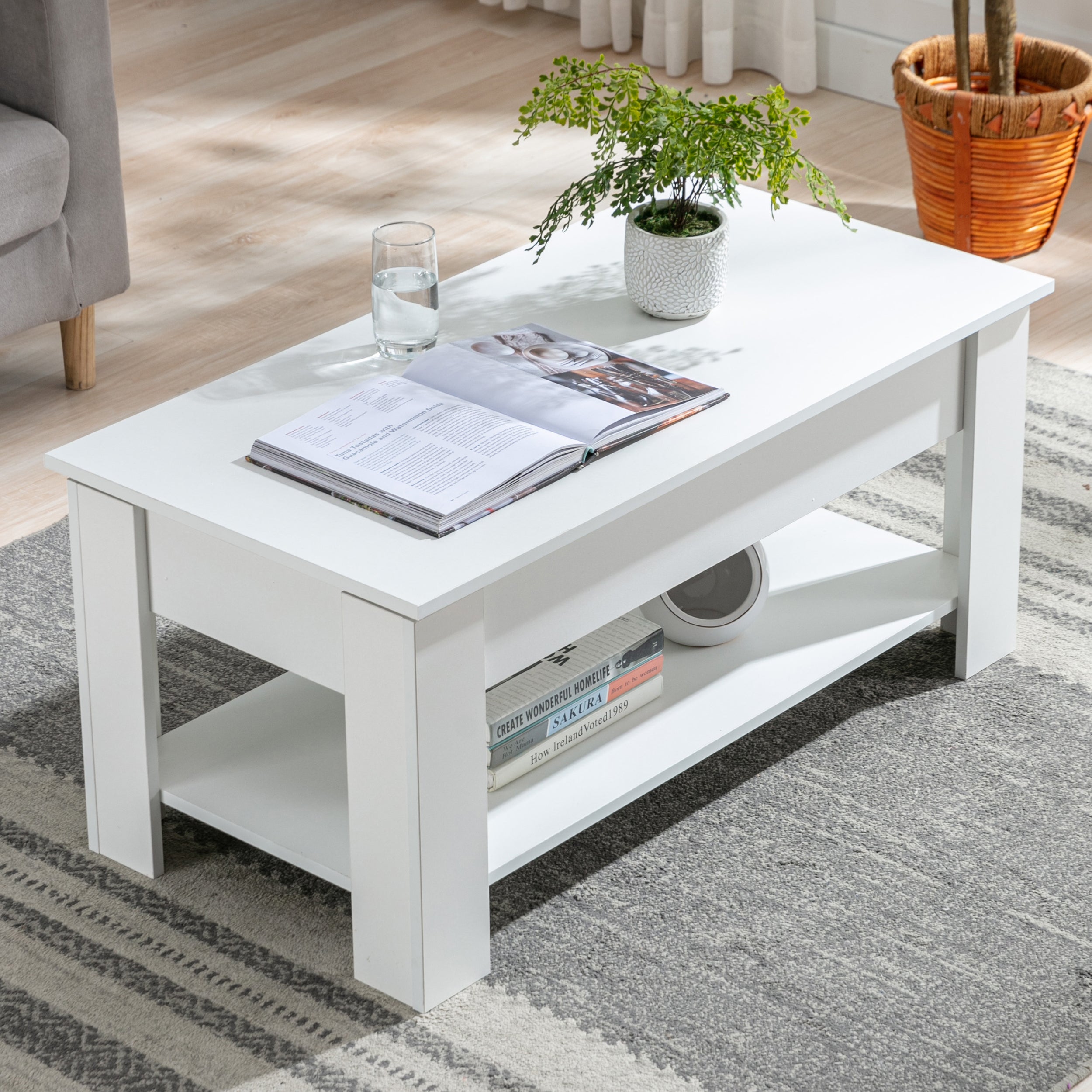 White coffee table with lower shelf, displaying books and a decorative plant in a modern living room setting.