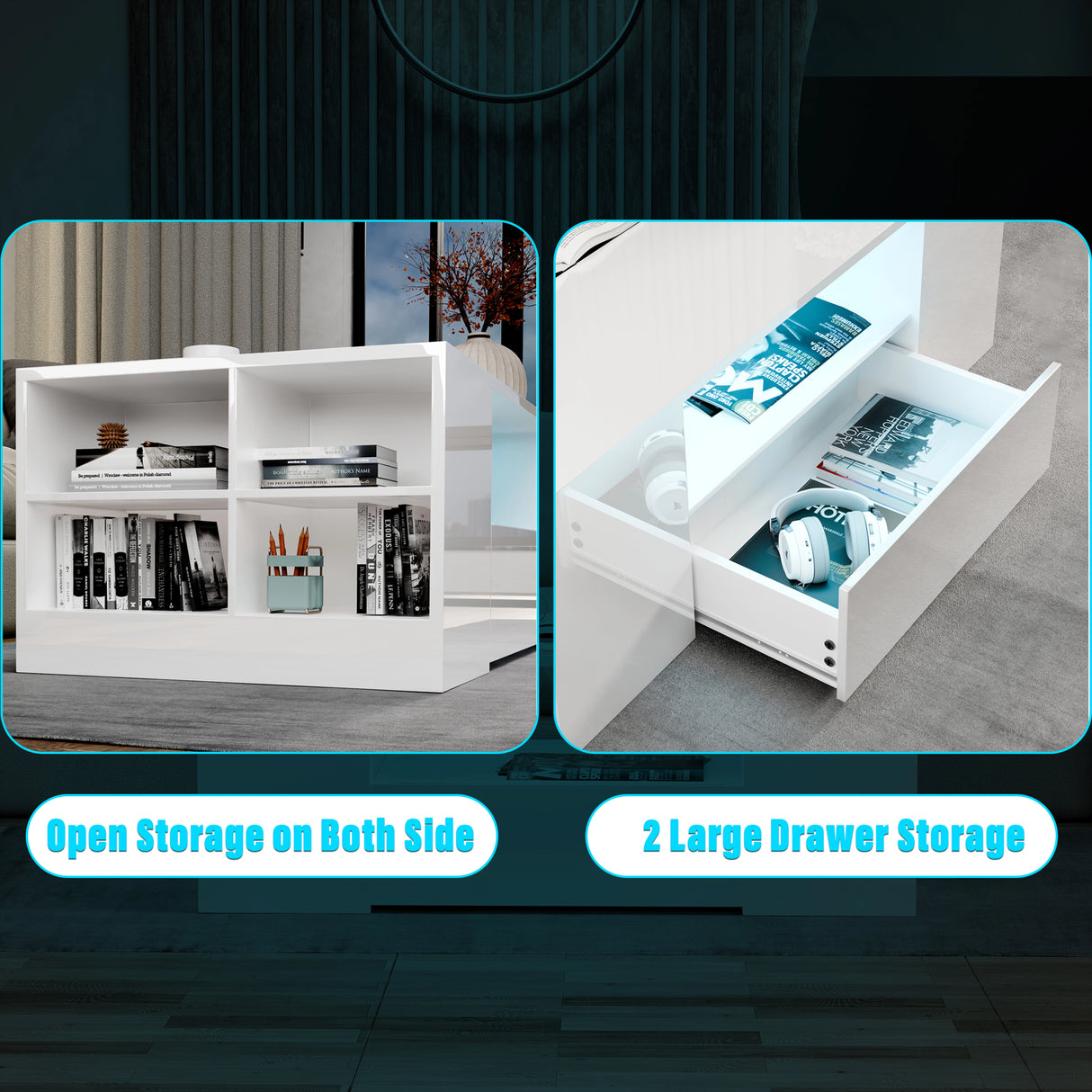 White storage unit with open shelves and a drawer, featuring text 'Open Storage on Both Side' and '2 Large Drawer Storage'.