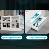 White storage unit with open shelves and a drawer, featuring text 'Open Storage on Both Side' and '2 Large Drawer Storage'.