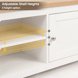 [White] Corner tv cabinet with an adjustable shelf highlights three shelf height options labeled 1, 2, and 3 with yellow arrows and dashed lines, and includes the text 'Adjustable Shelf Heights' and '3 height option' at the top.