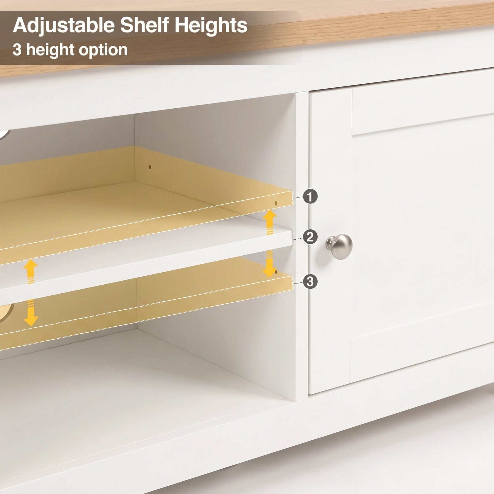 [White] Corner tv cabinet with an adjustable shelf highlights three shelf height options labeled 1, 2, and 3 with yellow arrows and dashed lines, and includes the text 'Adjustable Shelf Heights' and '3 height option' at the top.