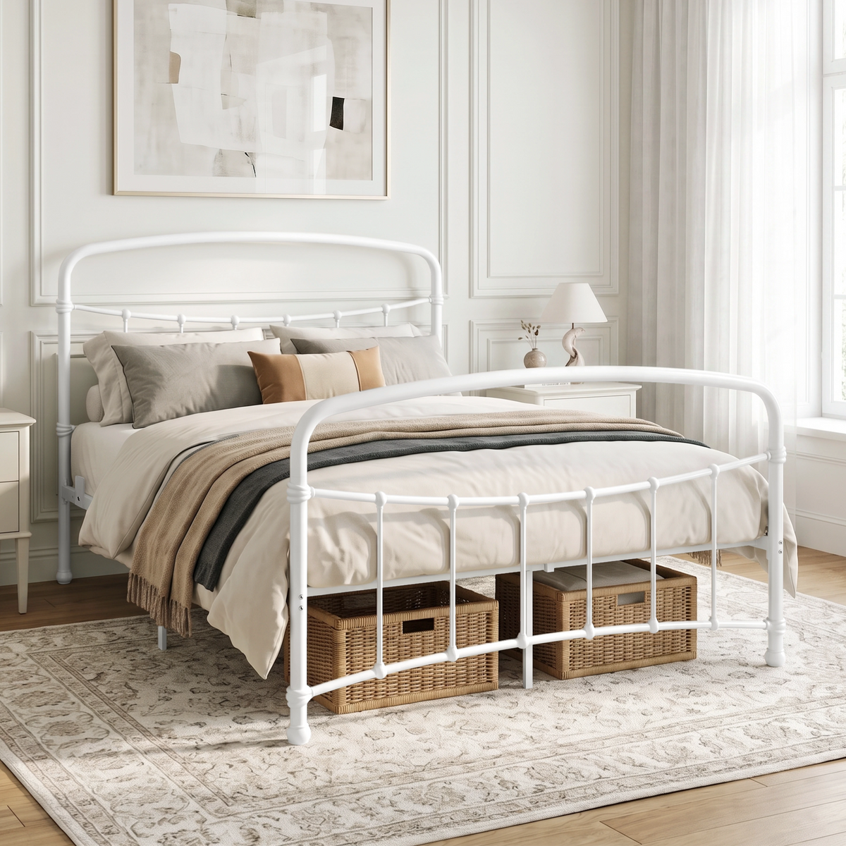 [White | Double] White metal bed frame with curved rails and white bedding, shown at a 3/4 Angle in bright bedroom.