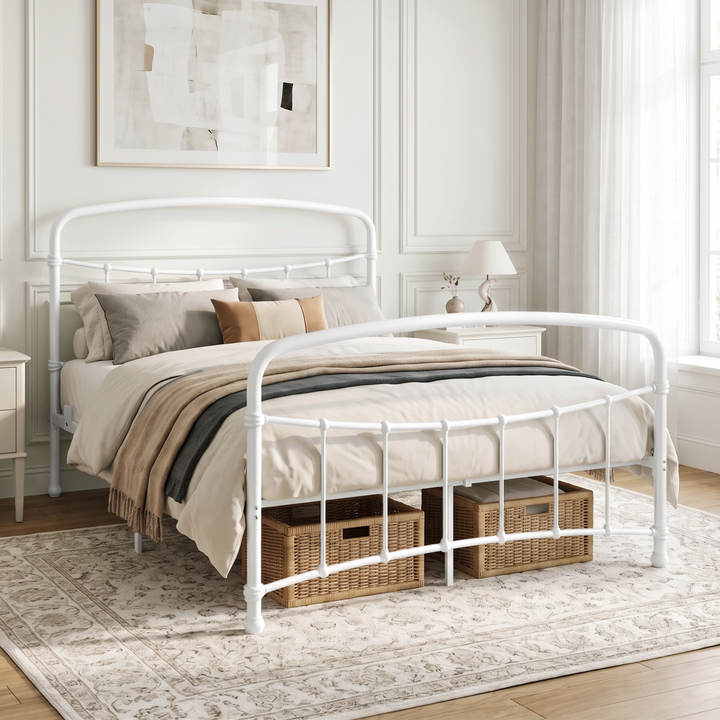[White | Double] White metal bed frame with curved rails and white bedding, shown at a 3/4 Angle in bright bedroom.