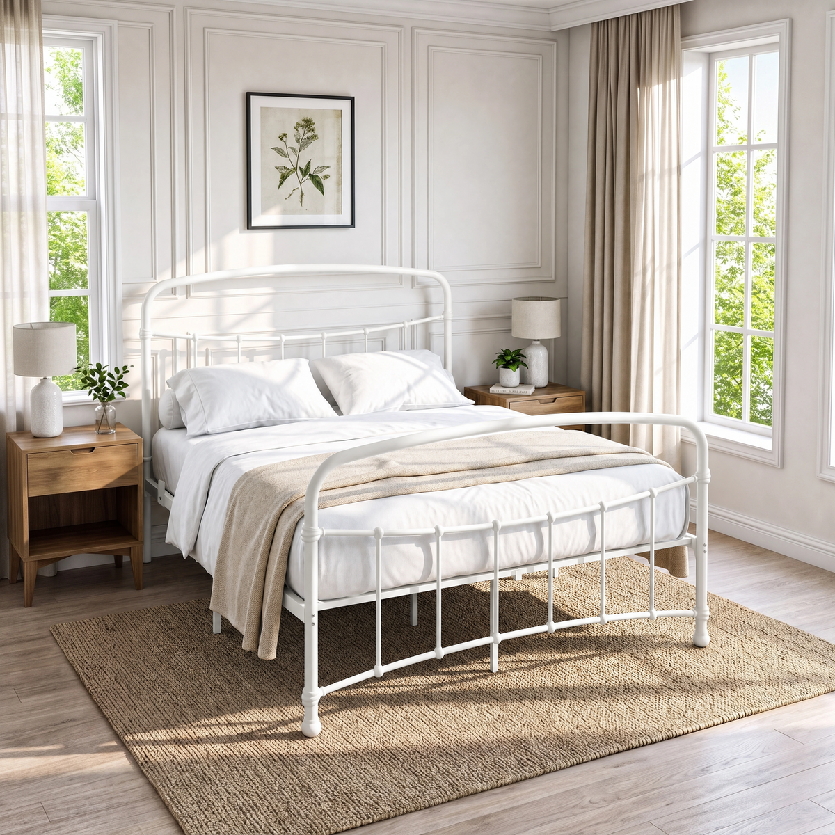 [White | Double] White metal bed frame with white bedding, wood side tables and a woven rug in a bright bedroom.